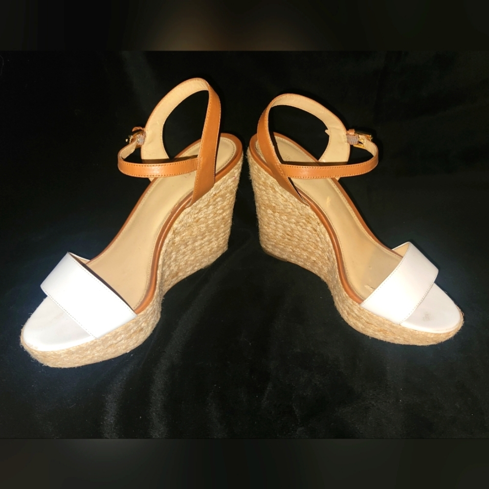Michael Kors Solid White Pebbled Leather Jute Espadrille Wedges